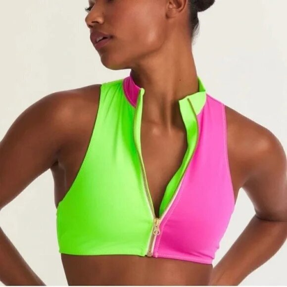 LoveShackFancy x Hurley Solid Blocked Bow Bikini Top in Magenta Neon Lime - Picture 7 of 15